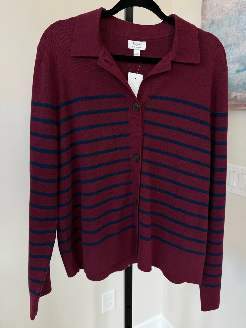 J. Crew New Striped Collared Sweater Jacket Cardigan Burgundy Navy Extra Large - Picture 2 of 7